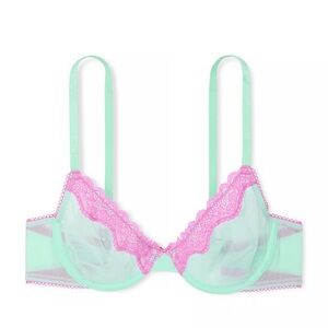 Victoria's Secret Tease Unlined Demi Bra 34DDD‎ Aqua Pink Lace Trim NWT
